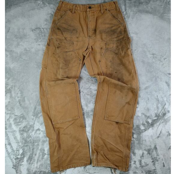 VTG Carhartt Double knee B136 leather patch utililty workwear pants mens 30x32 - Picture 1 of 8